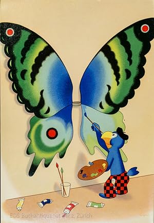Globi malt einen Schmetterling. Farbiger Druck auf Papier 24 x 16,5 cm.