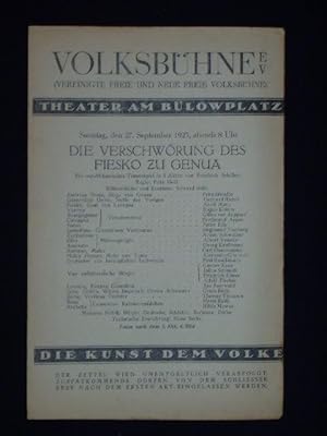 Bild des Verkufers fr Volksbhne - Theater am Blowplatz. Programmzettel 20.2.1925. DIE VERSCHWRUNG DES FIESKO ZU GENUA von Friedrich Schiller. Insz.: Fritz Holl, Bhnenbild/ Kostme: Edward Suhr. Mit Fritz Staudte, Gustav Roos, Therese Thiessen, Gerhard Ritter, Ferd. Asper zum Verkauf von Fast alles Theater! Antiquariat fr die darstellenden Knste