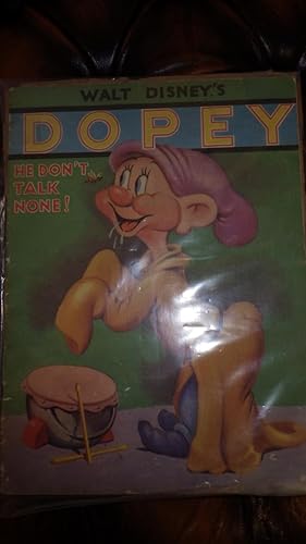 Seller image for Walt Disney s Dopey He Don t Talk None ! ( Dwarf #7 & the Youngest ) Color Cover of Dopey in Yellow Robe & Purple Hat, Blue Tights Smiling with Bumble bee & Drums, It is a pleasure to offer this wonderful Scarce Original 1938 Walt Disney Enterpri for sale by Bluff Park Rare Books