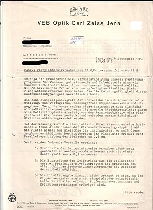 Immagine del venditore per VEB Optik Carl Zeiss Jena - Brief Jena, den 5. September 1952 VgV/R318 Betr.: Planplattenmikrometer zum Ni 030 bzw. zum frheren Ni B - Werbeschreiben an einen Kunden venduto da GAENSAN Versandantiquariat