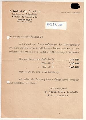 E. Rosin & Co., G.m.b.H. Fabrikation von Brillengläsern Betrieb Zechenstraße Witten-Ruhr Büro: Rö...