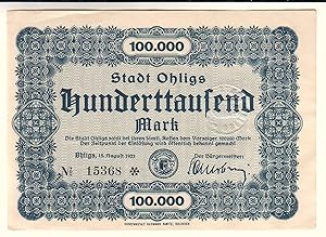 Notgeld Inflationsgeld Stadt Ohligs Hunderttausend Mark - Ohligs, 15. August 1923 - No. 15368
