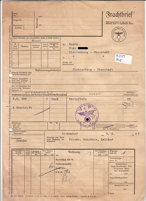 Image du vendeur pour Frachtbrief Deutsche Reichsbahn 15 von Kalthof nach Plettenberg-Oberstadt - 1 Sack Kartoffeln - div. Stempel (u.a. Birkenhof 08 Versandbahnhof - Plettenberg-Oberstadt Bestimmungsbahnhof) und Eintrge - 4.8.1943 mis en vente par GAENSAN Versandantiquariat