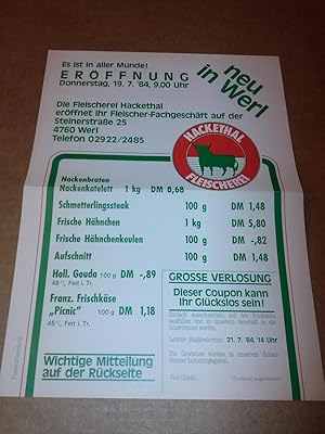 Poster / Aushang - als Postwurfsendung verschickt - Eröffnung 19.07.1984 neu in Werl Fleischerei ...