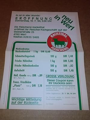 Poster / Aushang - als Postwurfsendung verschickt - Eröffnung 19.07.1984 neu in Werl Fleischerei ...