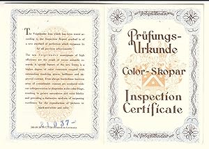 Prüfungs-Urkunde / Prüfungsbefund Inspection Report Voigtländer Color-Skopar No. 4323389 / Inspec...