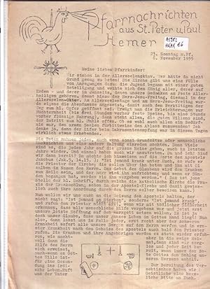 Bild des Verkufers fr Hemer - Pfarrnachrichten aus St. Peter und Paul - 23. Sonntag n. Pf., 6. November 1955 - Meine lieben Pfarrkinder! - Inhalt u.a.: Allerseelen, Krankenlung, Bereitung des Versehtisches, Krankenkommunion, Gottesdienstordnung, Termine fr das hl. Opfer, u.a. zum Verkauf von GAENSAN Versandantiquariat