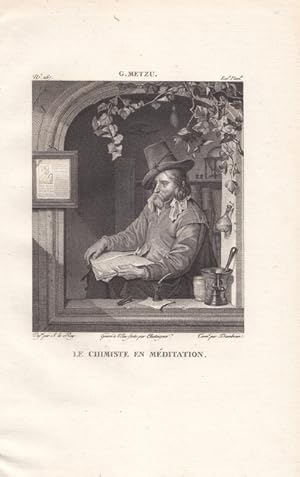 Der Chemiker. Le chimiste en méditation. Kupferstich um 1820 nach einem Original von Gabriël Mets...