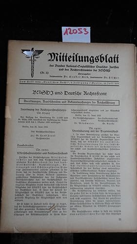 Seller image for Mitteilungsblatt des Bundes National-Sozialistischer Deutscher Juristen und des Reichsrechtsamtes der NSDAP zum Heft 13/14 "Deutsches Recht", 5.Jahrgang 1935 for sale by Galerie fr gegenstndliche Kunst