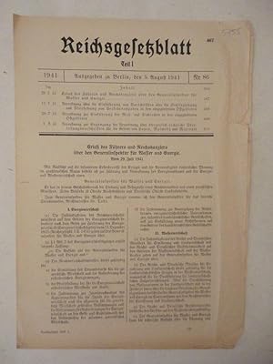 Bild des Verkufers fr Reichsgesetzblatt Teil I. Nr. 86 vom 5.August 1941. Erlass des Fhrers und Reichkanzlers ber den Generalinspektor fr Wasser und Energie Dieses Buch wird von uns nur zur staatsbrgerlichen Aufklrung und zur Abwehr verfassungswidriger Bestrebungen angeboten (86 StGB) zum Verkauf von Galerie fr gegenstndliche Kunst