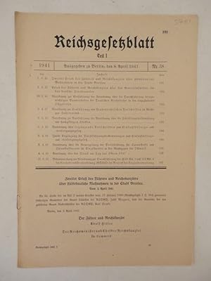 Bild des Verkufers fr Reichsgesetzblatt Teil I. Nr. 38 vom 8. April 1941. Erlass des Fhrers und Reichkanzlers ber stdtebauliche Manahmen in der Stadt Breslau Dieses Buch wird von uns nur zur staatsbrgerlichen Aufklrung und zur Abwehr verfassungswidriger Bestrebungen angeboten (86 StGB) zum Verkauf von Galerie fr gegenstndliche Kunst