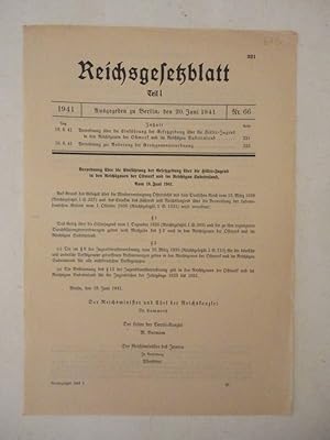 Bild des Verkufers fr Reichsgesetzblatt Teil I Nr. 66 vom 20. Juni 1941. Verordnung ber die Einfhrung der Gesetzgebung ber die Hitler-Jugend in den Reichsgauen der Ostmark und im Reichsgau Sudetenland / Grenzzonenverordnung Dieses Buch wird von uns nur zur staatsbrgerlichen Aufklrung und zur Abwehr verfassungswidriger Bestrebungen angeboten (86 StGB) zum Verkauf von Galerie fr gegenstndliche Kunst