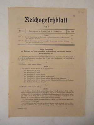 Bild des Verkufers fr Reichsgesetzblatt Teil I Nr. 114 vom 4. Oktober 1941. Verordnung ber die Erneuerung des Eisernen Kreuzes / Zweite Verordnung. ber die Stiftung des Kriegsverdienstkreuzes Dieses Buch wird von uns nur zur staatsbrgerlichen Aufklrung und zur Abwehr verfassungswidriger Bestrebungen angeboten (86 StGB) zum Verkauf von Galerie fr gegenstndliche Kunst