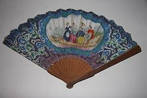 Fan with Hand-Colored Bucolic Lithograph of Three Pretty Ladies Flirting with a Young Man