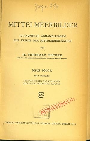 Seller image for MITTELMEERBILDER. GESAMMELTE ABHANDLUNGEN ZUR KUNDE DER MITTELMEERLNDER. NEUE FOLGE. MIT 8 KRTCHEN. for sale by Antiquariat Bookfarm