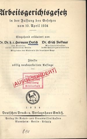 Imagen del vendedor de Arbeitsgerichtsgesetz in der Fassung des Gesetzes vom 10. April 1934. a la venta por Antiquariat Bookfarm