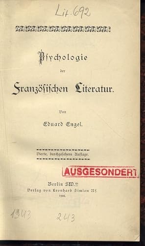 Bild des Verkufers fr Psychologie der Franzsischen Literatur. zum Verkauf von Antiquariat Bookfarm