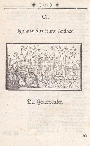 Der Feuerwerker. igniariae structura artifex. Holzschnitt um 1750. Blattgröße: 16 x 10,4 cm. rein...