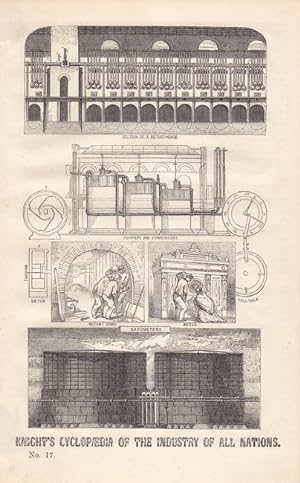 Darstellung eines Gasometers. Holzstich aus dem 1851 erschienen Knight s cyclopaedia of the indus...