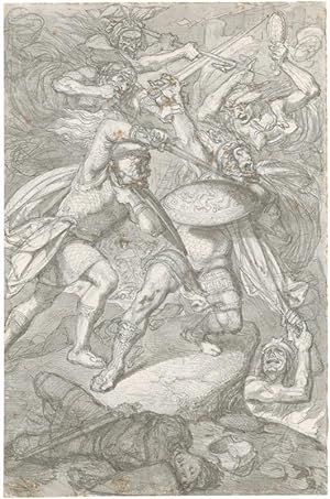 Illustration zum Nibelungenlied: Dietrich von Bern tötet Hagen.