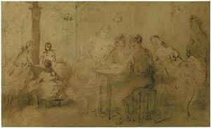 Fünf Kokotten und drei Männer in einem Raum mit einem Ofen und einem Tisch mit Stühlen.