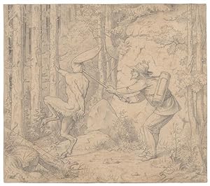 Humoristische Szene mit Naturforscher in einem Wald, der einen Satyr mit seinem Käscher einzufang...