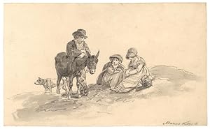 Mann mit Esel und Hund im Gespräch mit zwei rastenden jungen Frauen.
