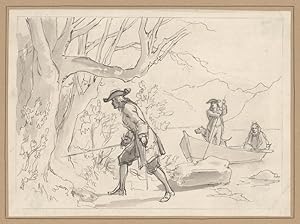 Imagen del vendedor de Stehender Mann mit einem Hund und eine sitzende Frau im Boot, am Waldufer Mann mit Degen, in den Wald sphend. a la venta por Galerie Joseph Fach GmbH