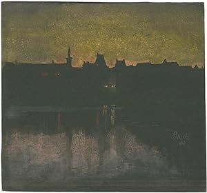 Bild des Verkufers fr Die vom Mondlicht erhellte Silhouette einer am Wasser gelegenen Stadt. zum Verkauf von Galerie Joseph Fach GmbH