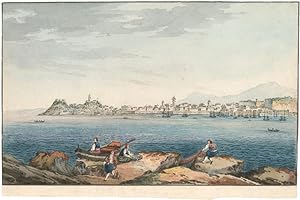Korfu, Ansicht der Stadt und Fischer im Vordergrund.
