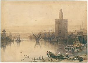 Bild des Verkufers fr Sevilla, Blick vom Ufer des Guadalquivir mit der Kathedrale links und dem Torre del Oro rechts. zum Verkauf von Galerie Joseph Fach GmbH