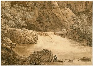 Landschaft mit Stromschnelle, im Vordergrund ein Zeichner auf einem Felsen sitzend.