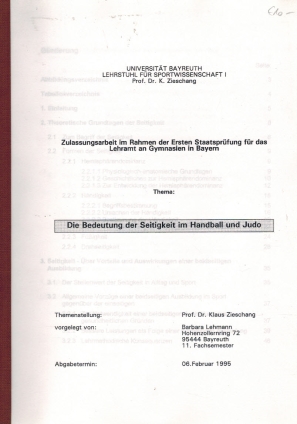 Die Bedeutung der Seitigkeit im Handball und Judo; Zulassungsarbeit im Rahmen der Ersten Staatspr...