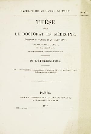 De l'éthérisation. Thèse pour le doctorat en médecine (n° 177). Faculté de médecine de Paris.