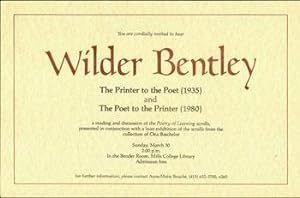 Seller image for You Are Cordially Invited To Hear Wilder Bentley. A Reading and Discussion of the Poetry of Learning Scrolls, Presented in Conjunction with a Loan Exhibition of the Scrolls from the Collection of Ona Batchelor. for sale by Wittenborn Art Books