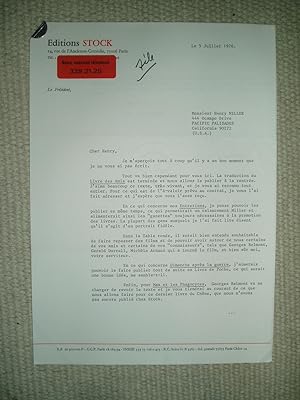 Seller image for A typed-letter-signed by Christian de Bartillat, president of Editions Stock, to Henry Miller, dated 5 juillet 1976 for sale by Expatriate Bookshop of Denmark