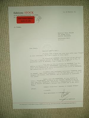 Seller image for A typed-letter-signed by Christian de Bartillat, president of Editions Stock, to Henry Miller, dated 18 fvrier 1976 for sale by Expatriate Bookshop of Denmark
