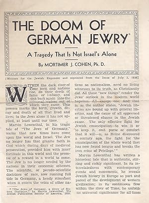 Seller image for THE DOOM OF GERMAN JEWRY: A TRAGEDY THAT IS NOT ISRAEL'S ALONE for sale by Dan Wyman Books, LLC