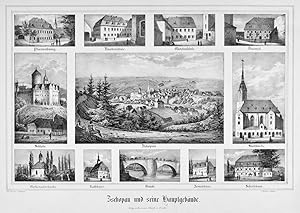 ZSCHOPAU. "Zschopau und seine Hauptgebäude". Gesamtansicht (12,5 x 20,5 cm), umgeben von 11 Teila...