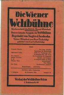 Bild des Verkufers fr Die Wiener Weltbhne. sterreichische Ausgabe der Weltbhne. Wochenschrift fr Politik, Kunst u. Wirtschaft. 1. Jahrgang, Nr. 13 vom 22. Dezember 1932. zum Verkauf von Antiquariat Weinek