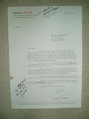 Immagine del venditore per A typed-letter-signed by Christian de Bartillat, president of Editions Stock, to Henry Miller, dated 14 aot 1973 venduto da Expatriate Bookshop of Denmark