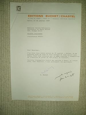 Bild des Verkufers fr A typed-letter-signed by French publisher Edmond Buchet to Henry Miller's secretary, dated 22 janvier 1968 zum Verkauf von Expatriate Bookshop of Denmark