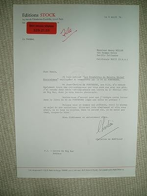 Seller image for A typed-letter-signed by Christian de Bartillat, president of Editions Stock, to Henry Miller, dated 6 avril 1976 for sale by Expatriate Bookshop of Denmark