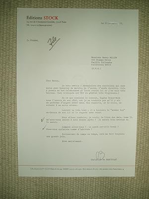 Seller image for A typed-letter-signed by Christian de Bartillat, president of Editions Stock, to Henry Miller, dated 21 décembre 1977 for sale by Expatriate Bookshop of Denmark