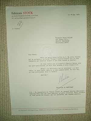 Seller image for A typed-letter-signed by Christian de Bartillat, president of Editions Stock, to Henry Miller, dated 18 mai 1973 for sale by Expatriate Bookshop of Denmark