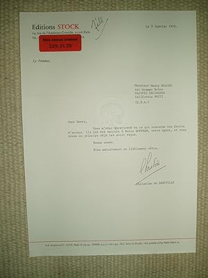 Seller image for A typed-letter-signed by Christian de Bartillat, president of Editions Stock, to Henry Miller, dated 9 janvier 1976 for sale by Expatriate Bookshop of Denmark