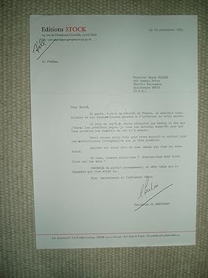 Seller image for A typed-letter-signed by Christian de Bartillat, president of Editions Stock, to Henry Miller, dated 10 septembre 1974 for sale by Expatriate Bookshop of Denmark