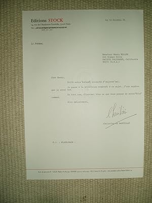Seller image for A typed-letter-signed by Christian de Bartillat, president of Editions Stock, to Henry Miller, dated 12 octobre 1976 for sale by Expatriate Bookshop of Denmark