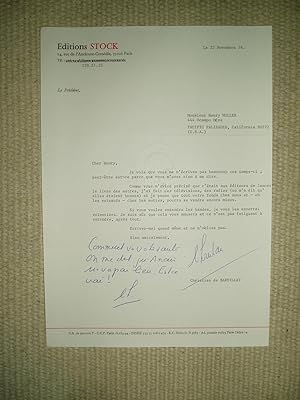 Seller image for A typed-letter-signed by Christian de Bartillat, president of Editions Stock, to Henry Miller, dated 22 novembre 1976 for sale by Expatriate Bookshop of Denmark