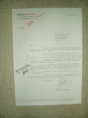 Seller image for A typed-letter-signed by Christian de Bartillat, president of Editions Stock, to Henry Miller, dated 8 décembre 1975 for sale by Expatriate Bookshop of Denmark